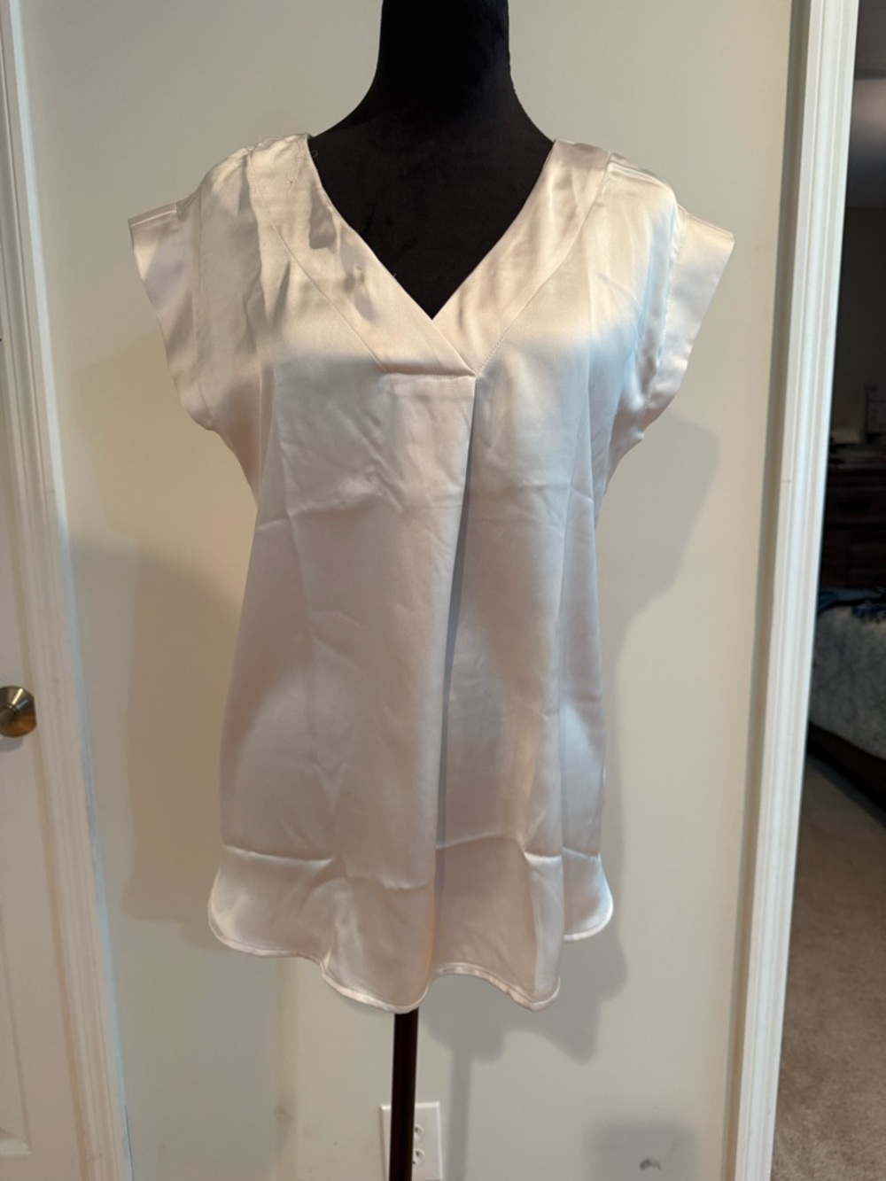 LOFT Ivory Satin V-Neck Cap Sleeve Blouse